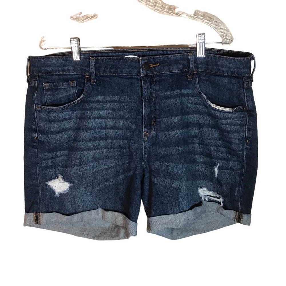Old Navy women’s denim jean shorts slim MIDI dark size 16 distressed high waist